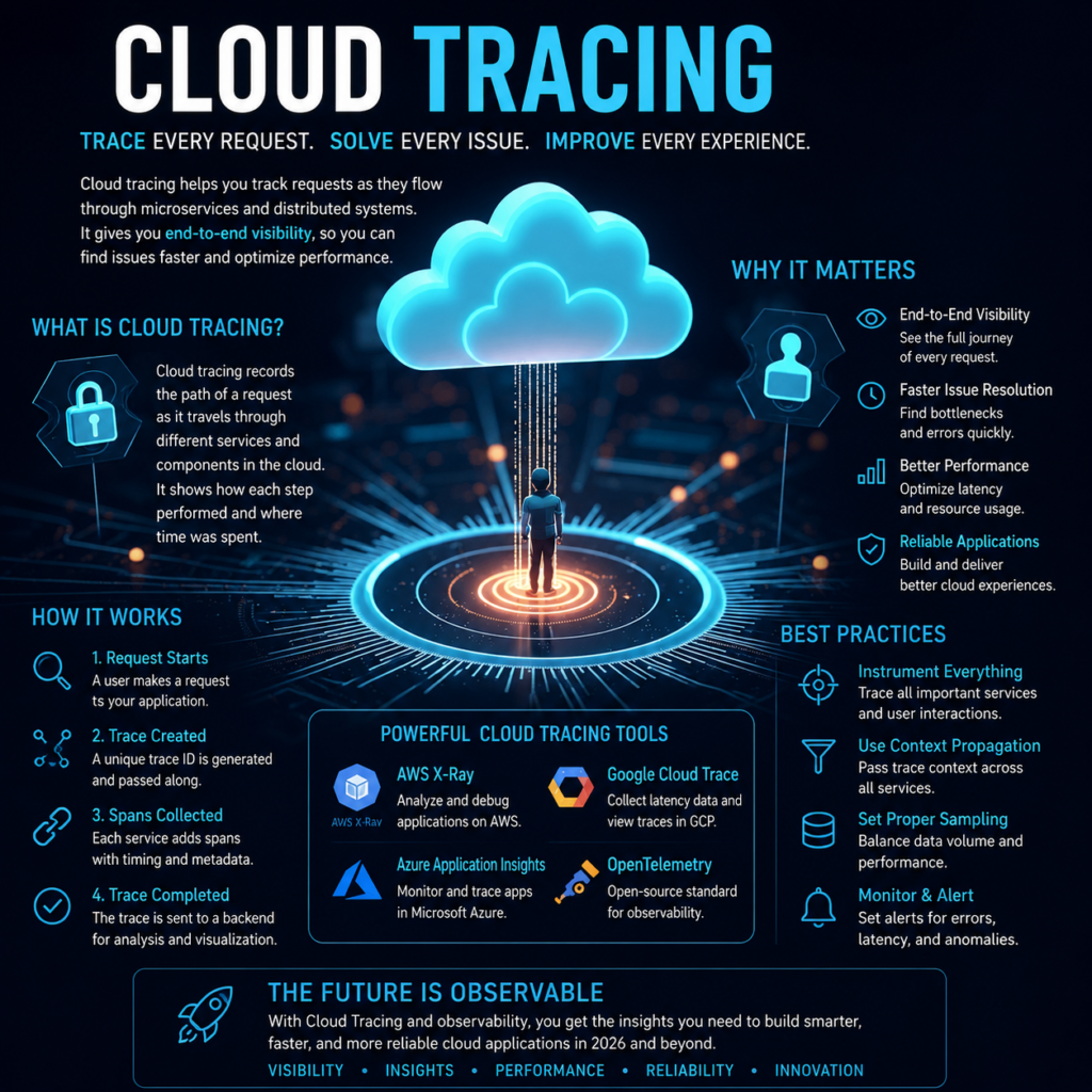 Cloud tracing technology infographic showing cloud monitoring, request tracing, performance optimization, and observability
