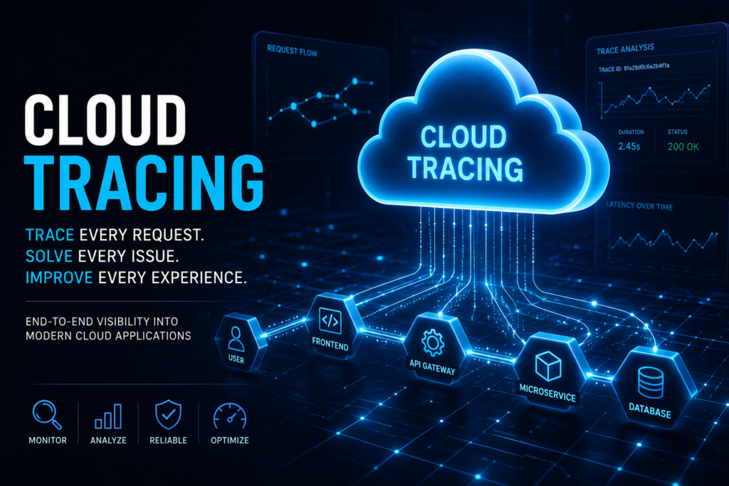 Cloud tracing technology showing a glowing cloud connected to users, API gateway, microservices, and database